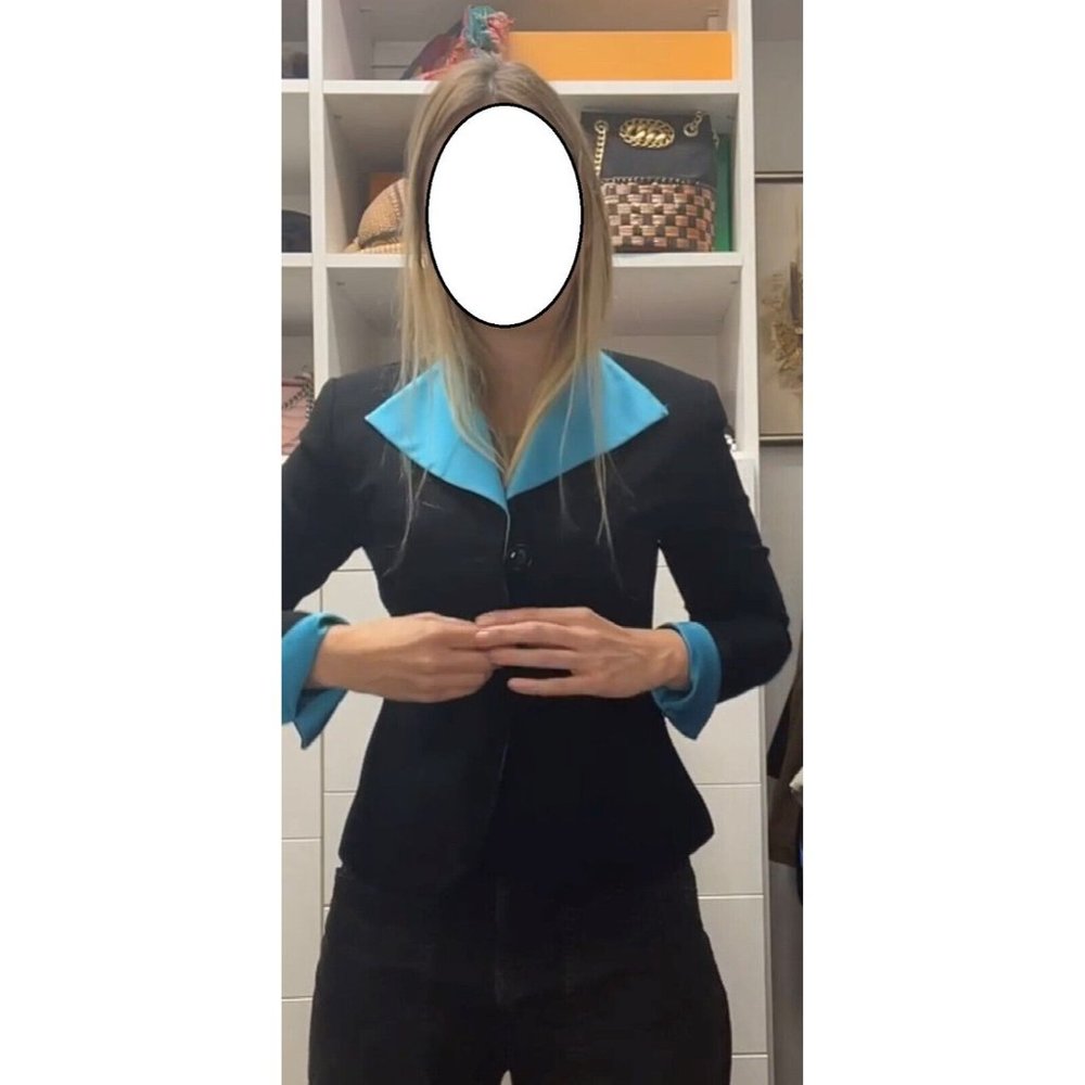 VINTAGE STUNNING CHRISTIAN DIOR BLACK & BLUE BLAZER SILK TRIM FRONT US SIZE 4P - Picture 4 of 11